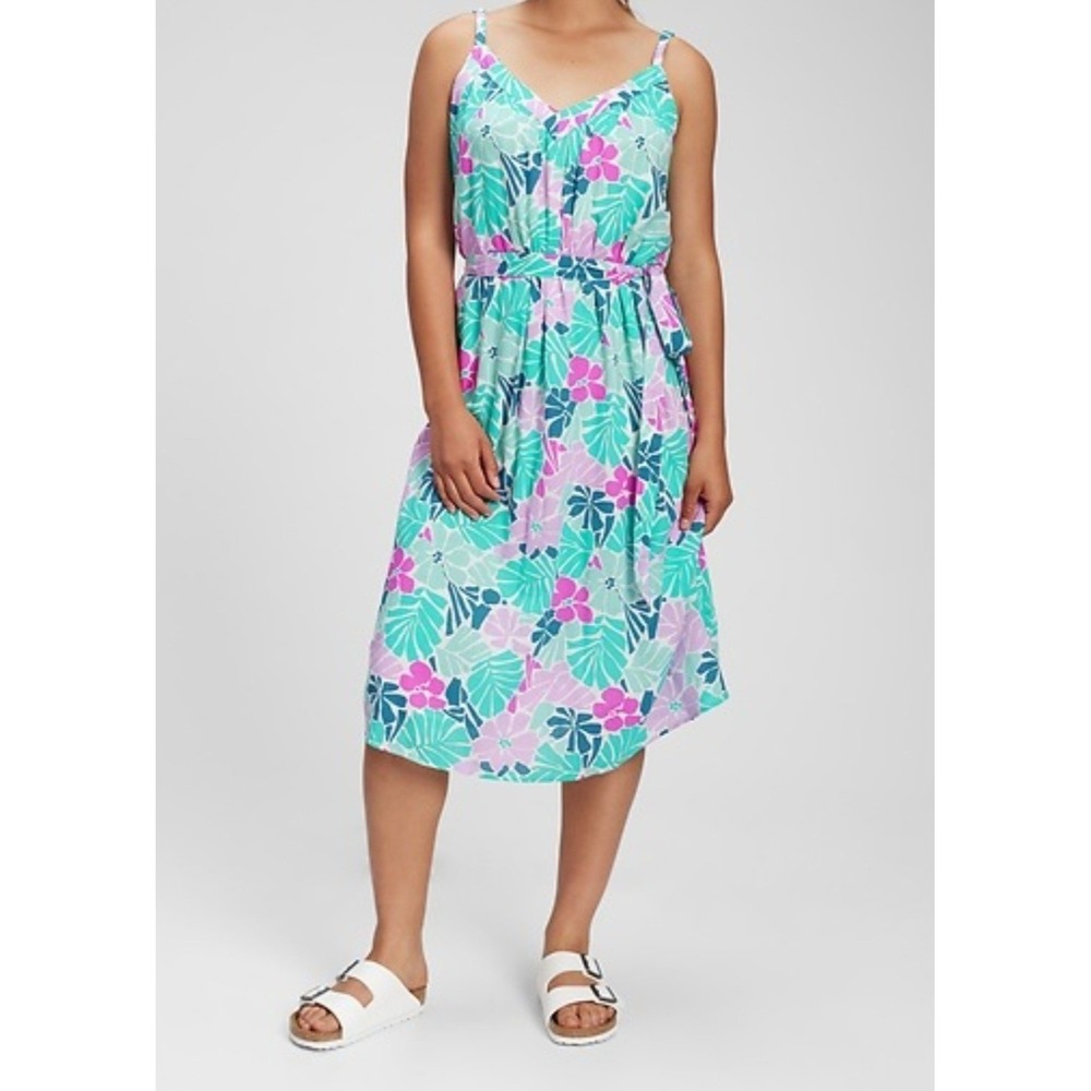 Gap Cotton Blend Spaghetti Strap V-Neck Floral Midi Dress Womens XL Beach Resort